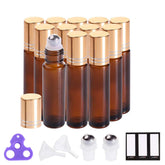 Set of 12 amber glass 10ml essential oil roller bottles with gold caps, stainless steel roll balls, funnels, opener, and labels